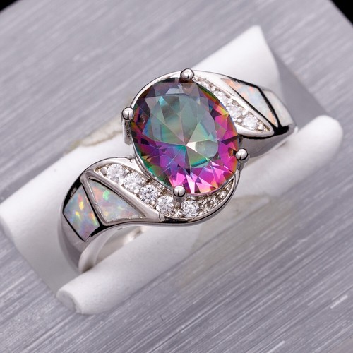 8x10 Oval Rainbow Mystic Topaz White Fire Opal Silver Jewelry Bypass Ring Size 8
