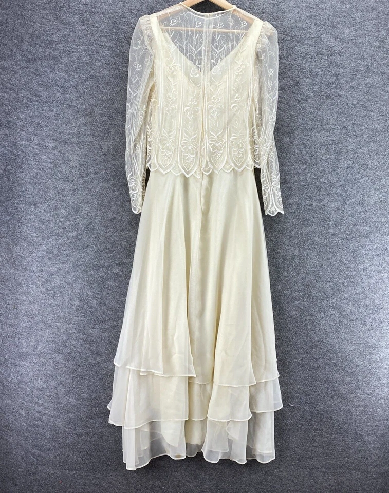 Vestido Vintage Mujer 10 Beige Maxi Cremallera Larga Manga Larga Volantes Cuello Redondo Foto 2 de 4