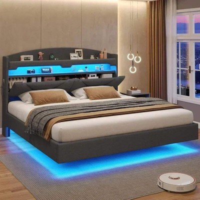 Bed Frame with Type-C Charging, Hidden Storage Headboard & RGB Floating Platform