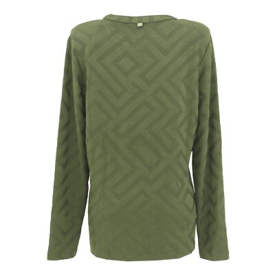 Cecil women's long sleeve sweater pullover shirt knit V-neck olive jacquard  gre