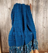 NEW Blue Metallic Handmade Knitted Afghan Throw Hand Knit Gift Gifts Decor