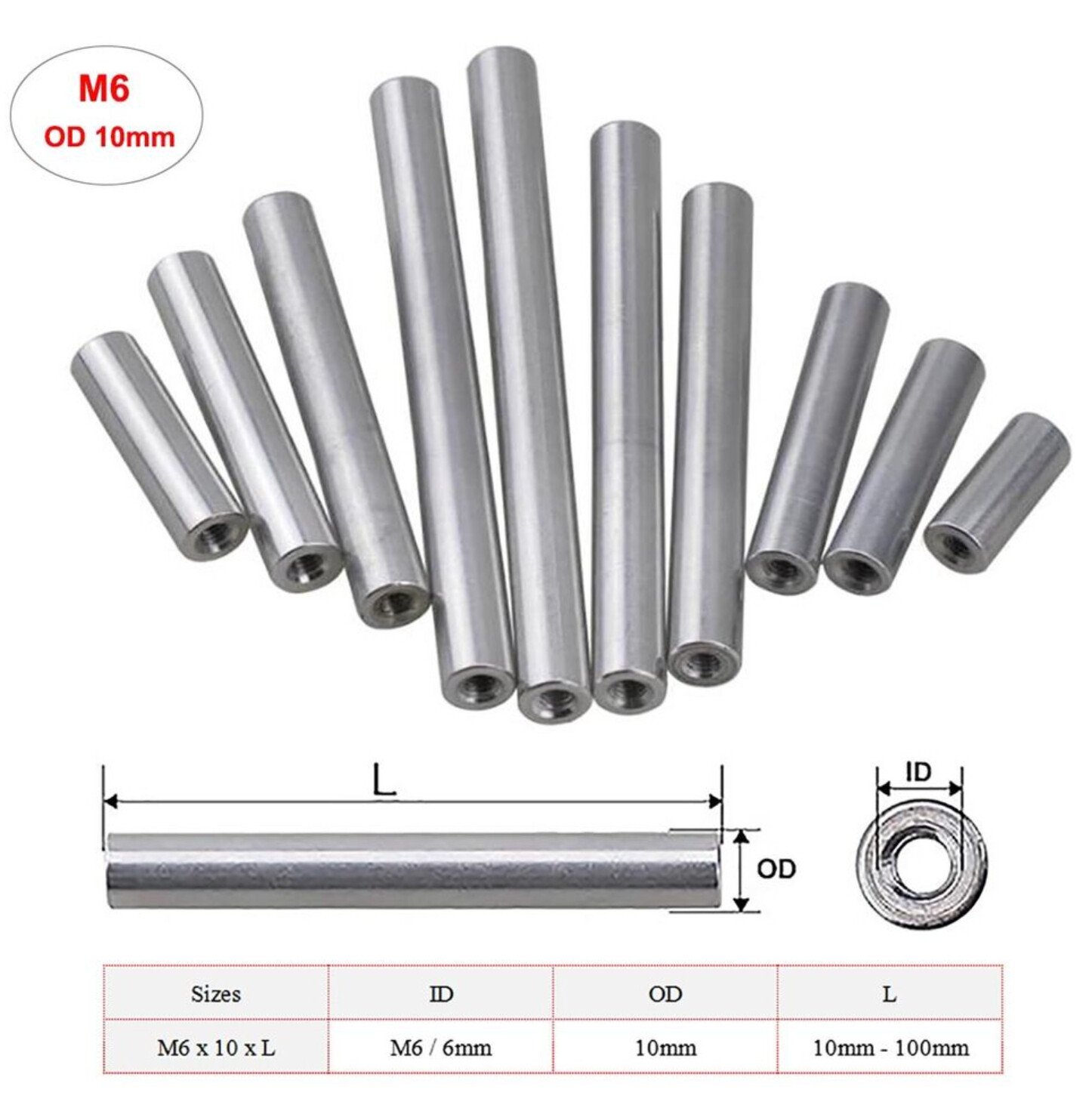 M6 Aluminum Round Threaded Sleeve Standoff Spacers Long Nuts OD 10mm