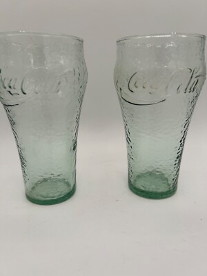 Vintage Green Coca~Cola Coke Glasses Set of 2 Rare 6 H New Soda Green Glass