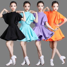 Girls Ballroom Dance Dress Short Flare Sleeve Latin Rumba Tango Dancewear Modern
