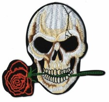 Skull With Rose In Teeth Iron On Sew On Embroidered Patch 4" X 3 3/4"