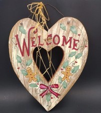 Welcome Sign Painted Gingerbread Men Holly Wooden Heart