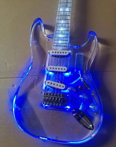 Guitarra Eléctrica Acrílica de 6 Cuerdas Diapasón Acrílico Luz Azul Pastilla Única - Imagen 5 de 6