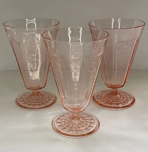 3 Vintage Anchor Hocking Pink Depression Glass “Princess” 10oz Footed Tumblers
