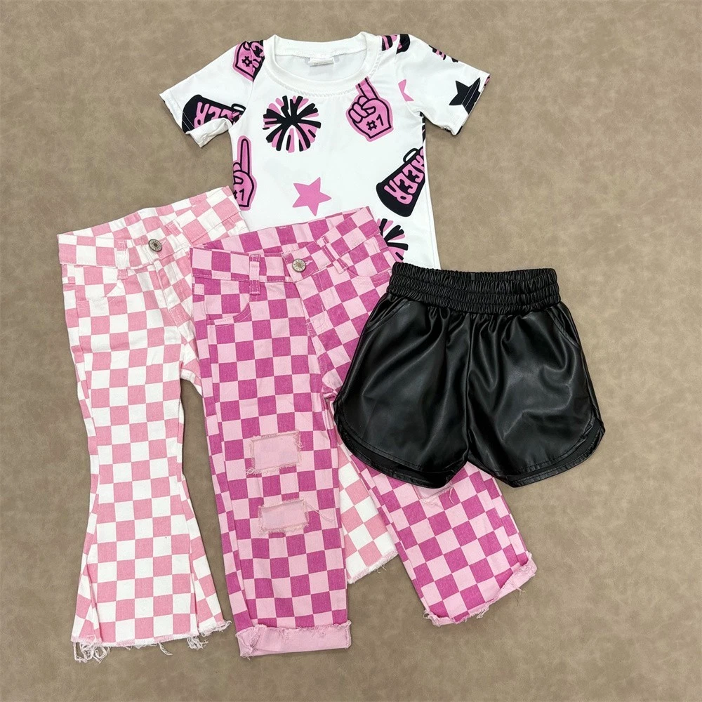 Kids Girls Casual Wear Cheer Short Sleeve T-shirt with Pink Checked Jeans Set