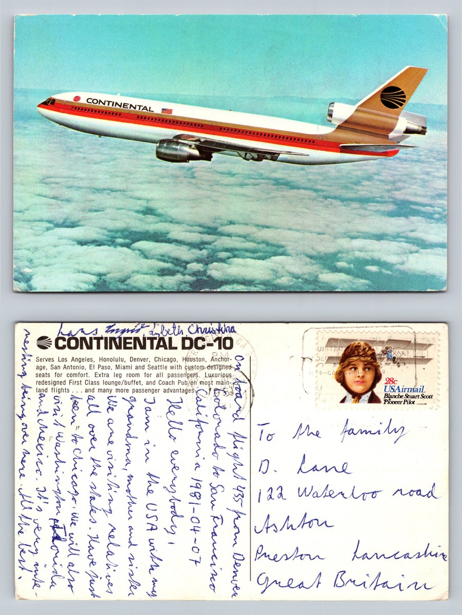 Continental Airlines DC-10 Postcard Vintage Airplane Flight 1981