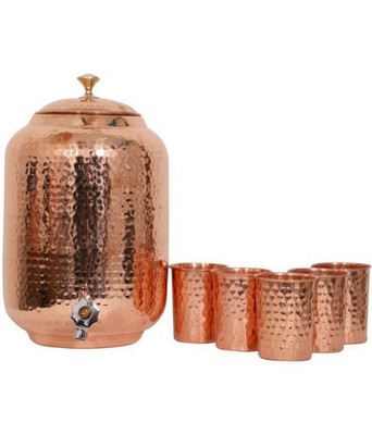 Hammered Design Copper Water Pot with Stand And 5 Glass , Storage & Kitchenware,