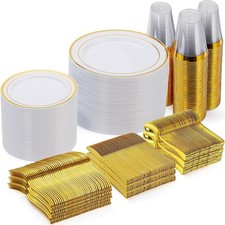 600 Pieces Gold Disposable Plates for 100 Guests, Plastic Plates for Party, D...