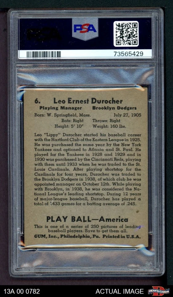 1939 Play Ball #6 Leo Durocher Dodgers HOF PSA 4 - VG/EX - Image 2 of 2