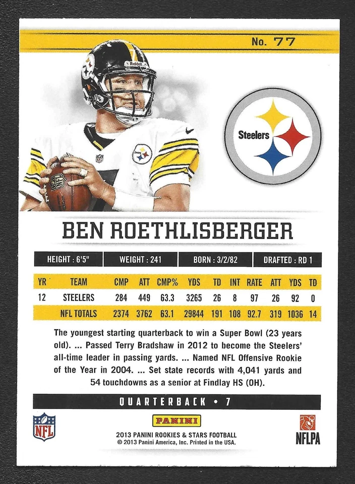 2013 Panini Rookies & Stars Longevity #77 - Ben Roethlisberger - Image 2 of 2