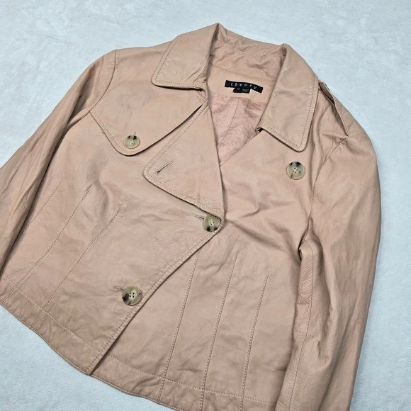 Chaqueta de cuero Theory Lamb para mujer mediana Sand Dune Nani recortada Moto Foto 4 de 4