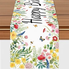 Happy Birthday Table Runner, Floral Garden Flowers Design Kitchen Dining Tabl...