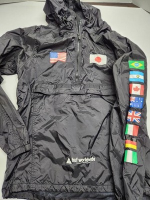 Huf Regional Tour Anorak Mens M Black Pullover Wind Jacket Pouch Pocket Flags
