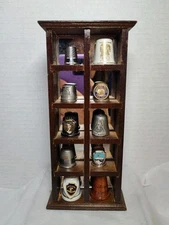 Enesco 1975 Mirrored Thimble Wood Display Case, 10 Compartments W/10 Thimbles 