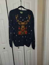 Party Sweater XL Blue Ugly Christmas Deer Beer Holiday Funny Party Snow