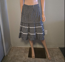 Vintage Black White Polka Dot Pleated Skirt Lined Cotton Blend Size 8 Midi