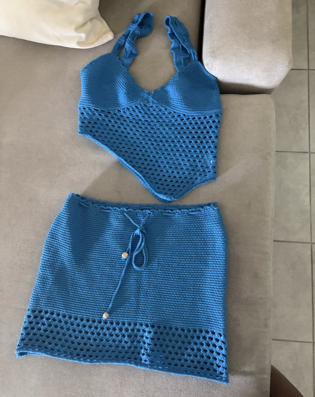 Women’s Blue Crochet 2-Piece  Top & bottom Skirt, M