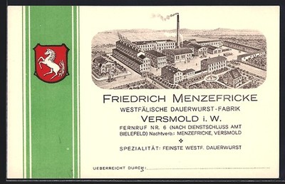Postcard Versmold I. W., Westphalian permanent sausage factory Friedrich Menzefricke 