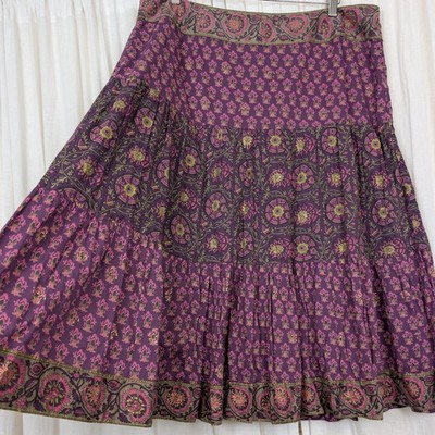 Anokhi For East Indian Block Print Cotton Tiered Flare Skirt Floral Purple UK 18