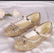 Gold Glitter Bow Mary Jane Dress Shoes Girls Hook Loop Ankle Strap Flat