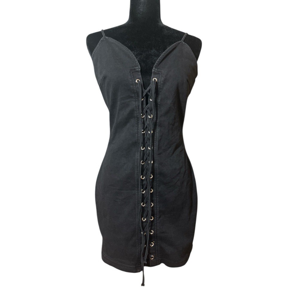 Windsor Black Denim Lace-Up Bodycon Mini Dress Size S