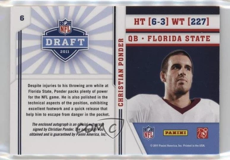2011 Prestige NFL Draft Class Christian Ponder RPA Rookie Patch Auto RC Shield - Image 2 of 2