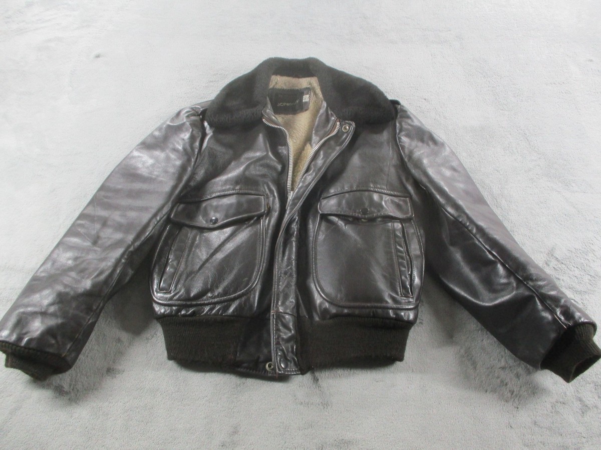 Vintage JCPenney Jacket Mens 40 Brown Leather Bomber Shearling