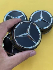 4x Mercedes Benz Center Caps Matte Black/Black outline 2.95Inch/75mm