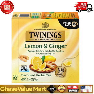 Twinings Lemon & Ginger Herbal Tea Bags Caffeine Free 50 Count Box-FREE SHIPPING