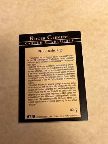 1992 ~ ROGER CLEMENS #7 / FLEER (CAREER HIGHLIGHTS) BASEBALL CARD - MINT 9 - Picture 10 of 24