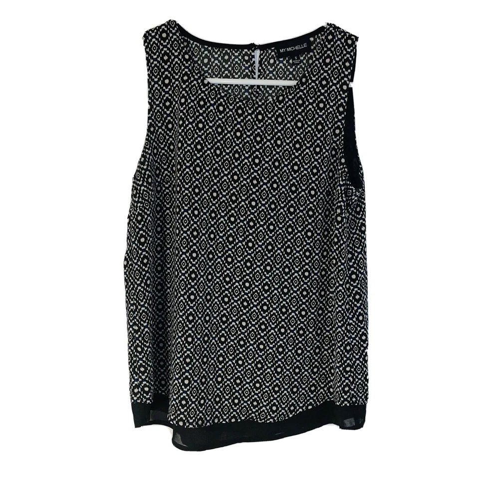 My Michelle Pequeño Negro Multicolor Patrón Tanque Espalda Abierta Ver A Través Forro Negro Foto 2 de 4