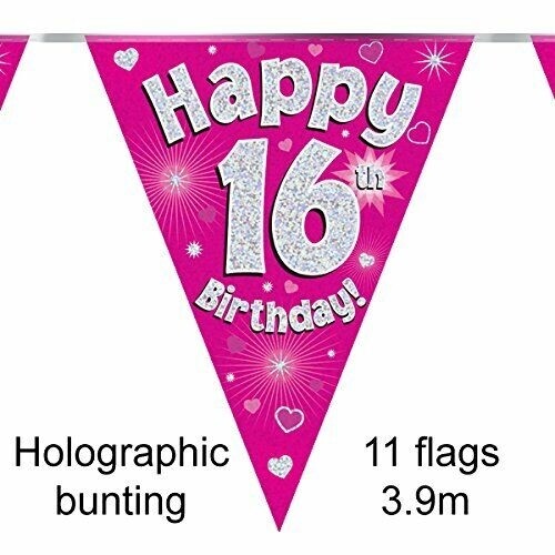 Happy 16th Birthday Holographic Triangular Party Foil Banner Bunting - 16 Pink
