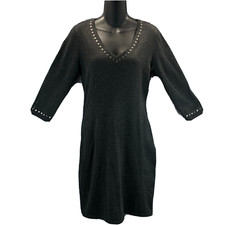 Calvin Klein Womens Sz S Gray Knit Studded V-Neck 3/4 Sleeve Fitted Casual Dress