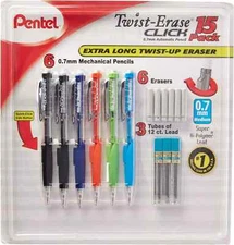Pentel Twist-Erase Click Automatic Pencil Set 0.7mm Long Eraser Refills, 15 Pack