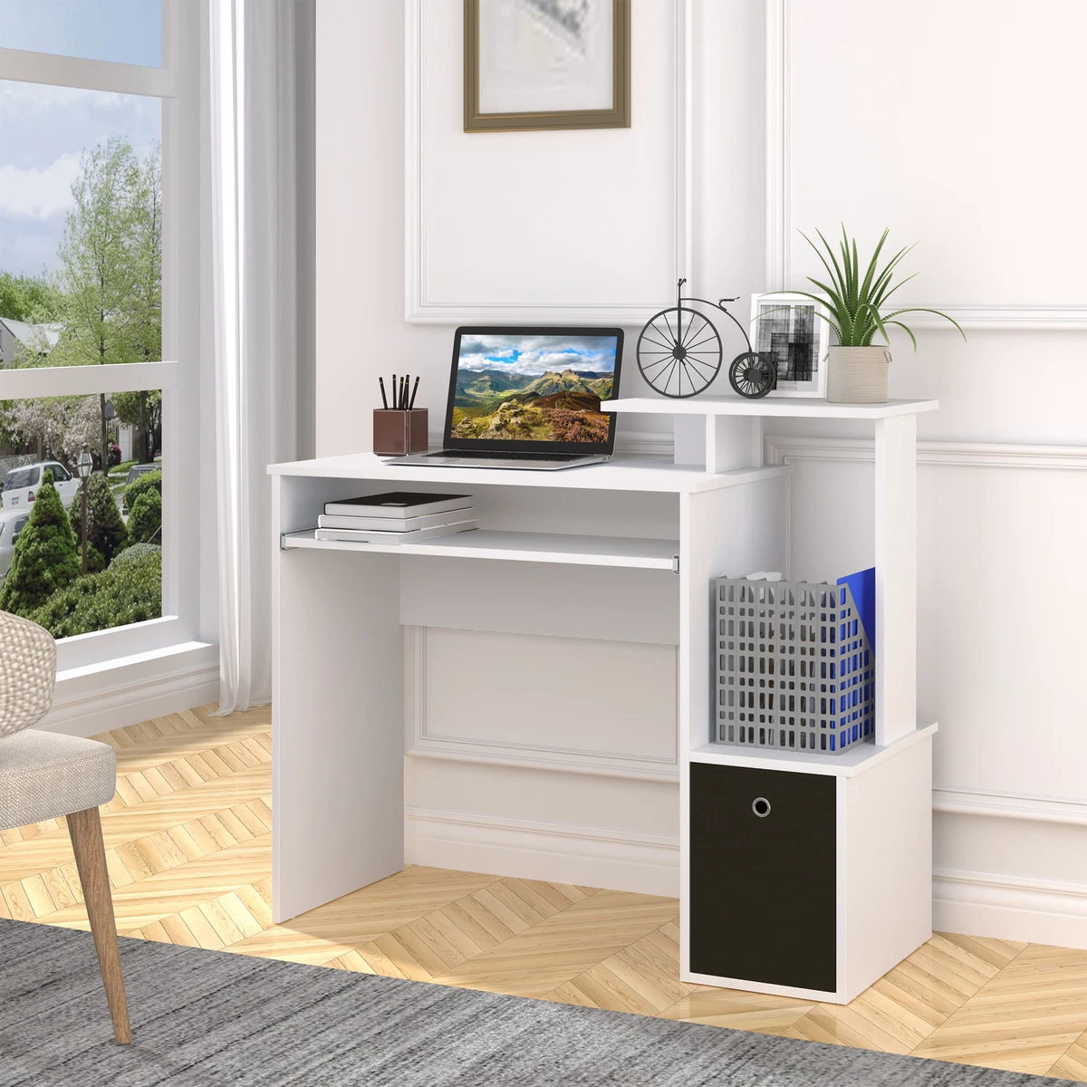 Computer Desk with Sliding Keyboard Tray Storage Drawer Shelf Workstation White