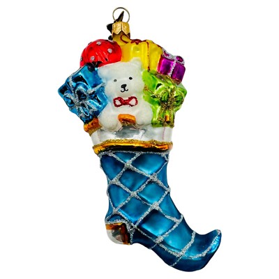 Neiman Marcus Glass Stocking Christmas Ornament 2008 Teddy Bear Gifts RARE