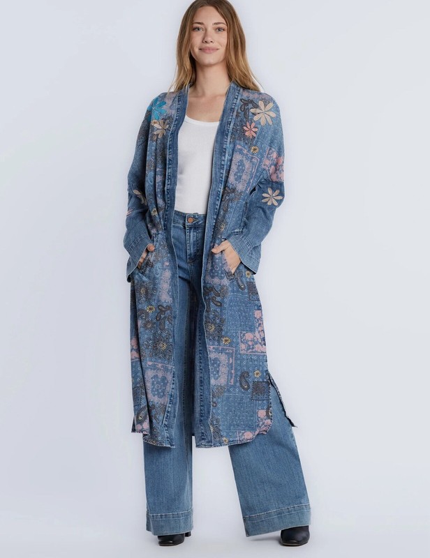 NWT$128 Billy T Denim Embroidered Printed Kimono Jacket X-SMALL