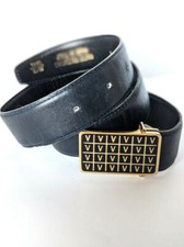 Vintage Valentino Blue Leather Belt Gold Black Enamel Logo Buckle Italy 1980s