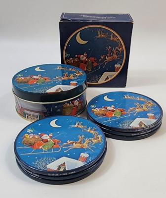 Vintage JASCO Night Before Christmas Santa 6 Lithograph Tin Cork Backed Coasters