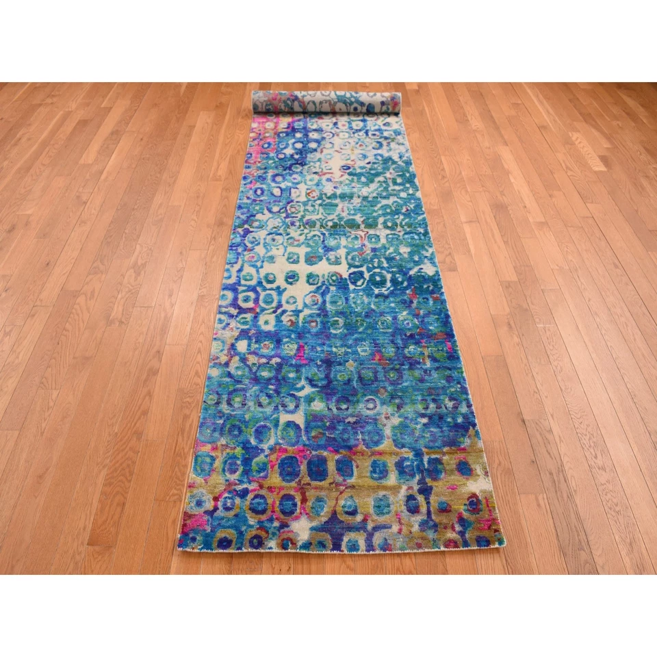 3'x12'4" Admiral Blue THE PEACOCK Sari Silk Hand Knotted Runner Rug G87681 - Image 2 of 4
