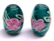 10pcs handmade Lampwork glass drum shape pink flower on green beads 12 18mm