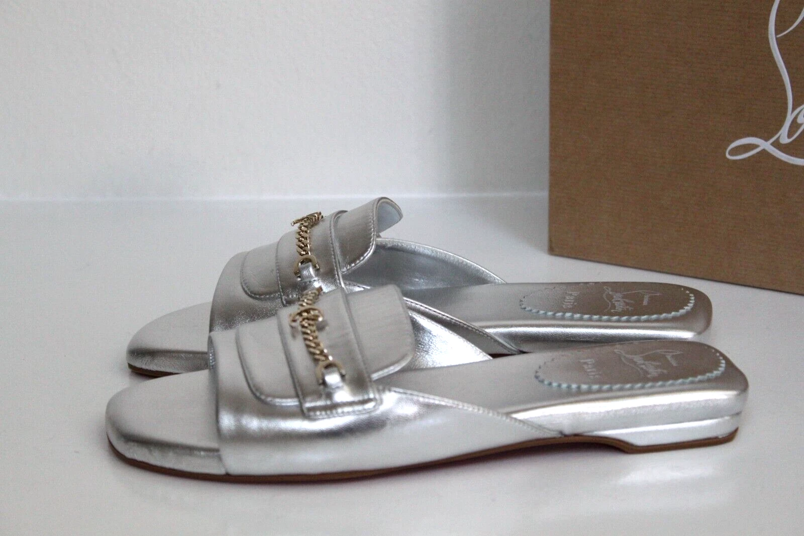 Christian Louboutin — sz 7.5 / 38 Christian Louboutin Miss MJ Silver Leather Mules Sandal Flat Shoes