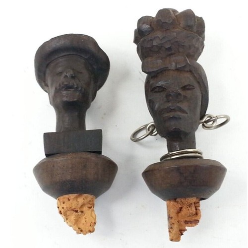 2 Vintage Cork Wood Stopper Man Woman Wood Carving As-is