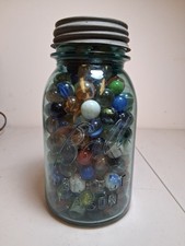 250 Vintage Glass Marbles in a Blue Ball Perfect Mason Jar