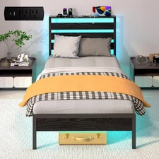 Twin Bed Frame with LED Lights & Charging Station, Storage Twin, Black-twin-1 