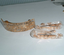 Pair Lucite Golden and White Glitter Confetti Hair Clips and 3.5" Hair Barrette